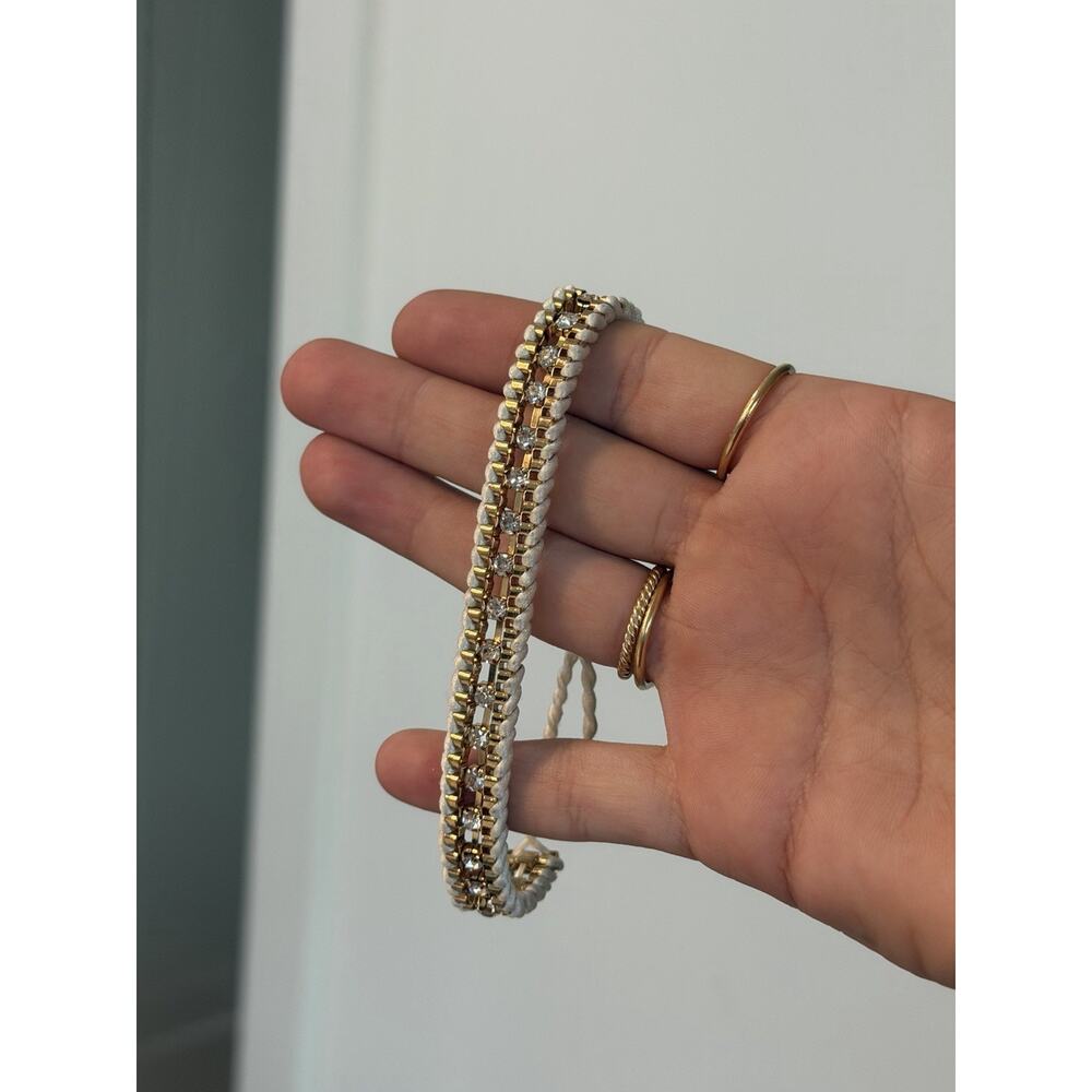 Vintage White Cord Rhinestone Friendship Bracelet Gold Tone Adjustable Bracelet